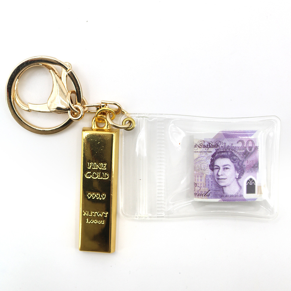Simulación de dólar de Taiwán, dólar estadounidense, libra, won coreano, moneda indonesia, llavero, colgante de billetes de papel, medalla de oro, colgante de barra de oro, máquina de bebé