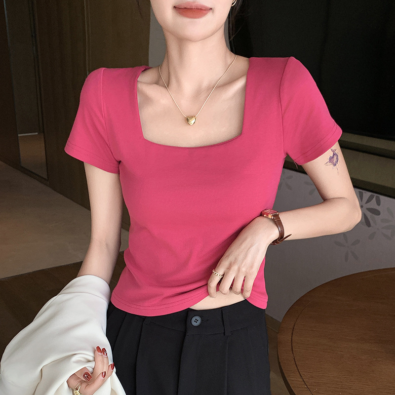 H292方襟プラス肩半袖tシャツ女春夏新作純欲ギャル修身白インナー肩トップス|undefined