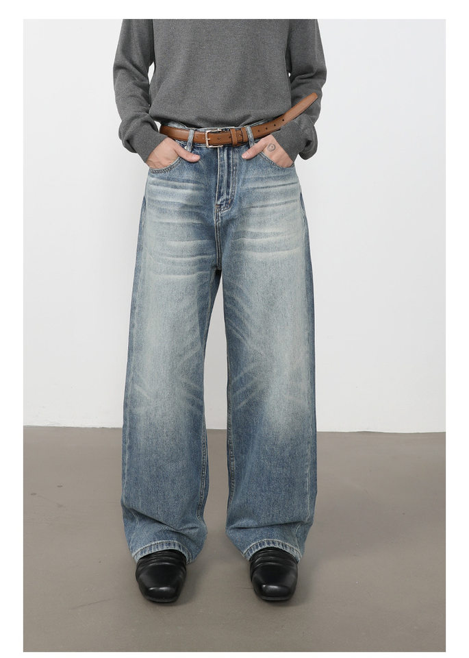 Quần jeans nam ống rộng lưng giữa, dáng suông thoải mái, chất denim washed — màu xanh, màu xanh nhạt, màu xám đen chi tiết 4