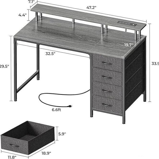 With Power Outlet and Led Lights,Gaming Desk with 4 Drawers,