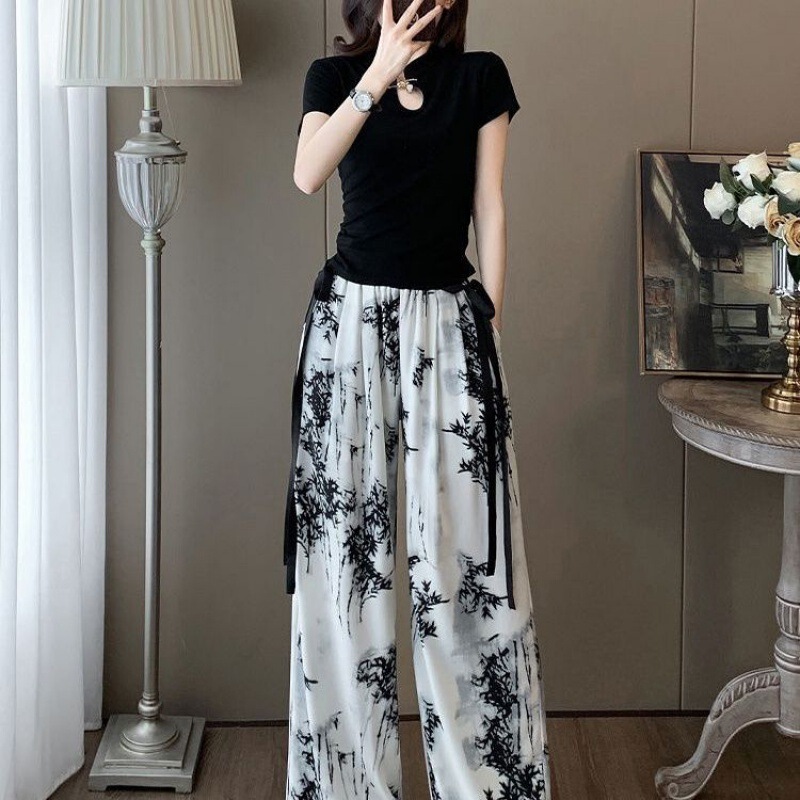 Vintage Casual Sports suit Women's Summer New Fashionable Stylish Short-sleeved T-shirt Ink Chinese Style Wide-leg Pants Two-piece Set