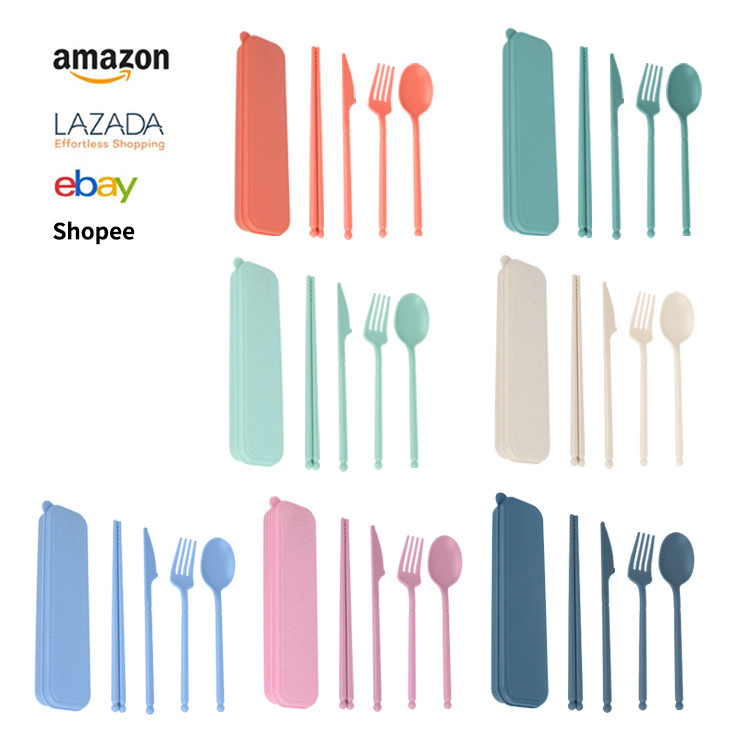 Wholesale Wheat Straw Portable Tableware Set of Four Pieces, Student Cafeteria Chopsticks, Spoon, and Fork, Outdoor Camping Tableware Set