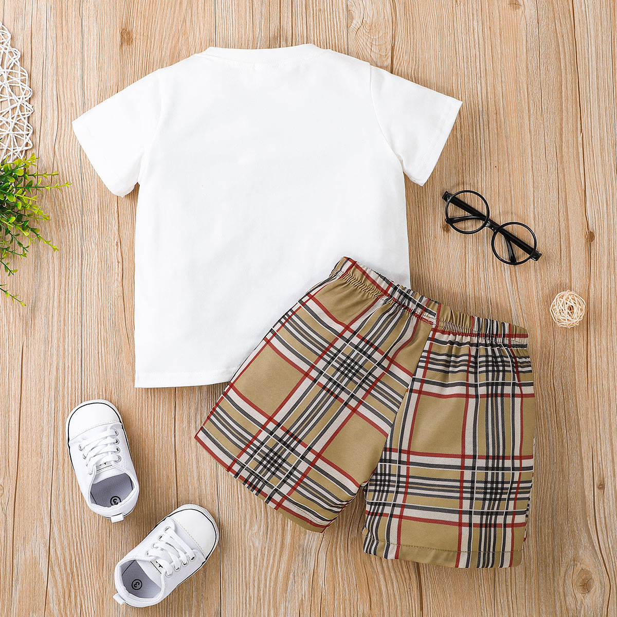 Summer New Boys Solid Short sleeved Top+Checkered Shorts Two piece Fashion Casual Set_voghion.com