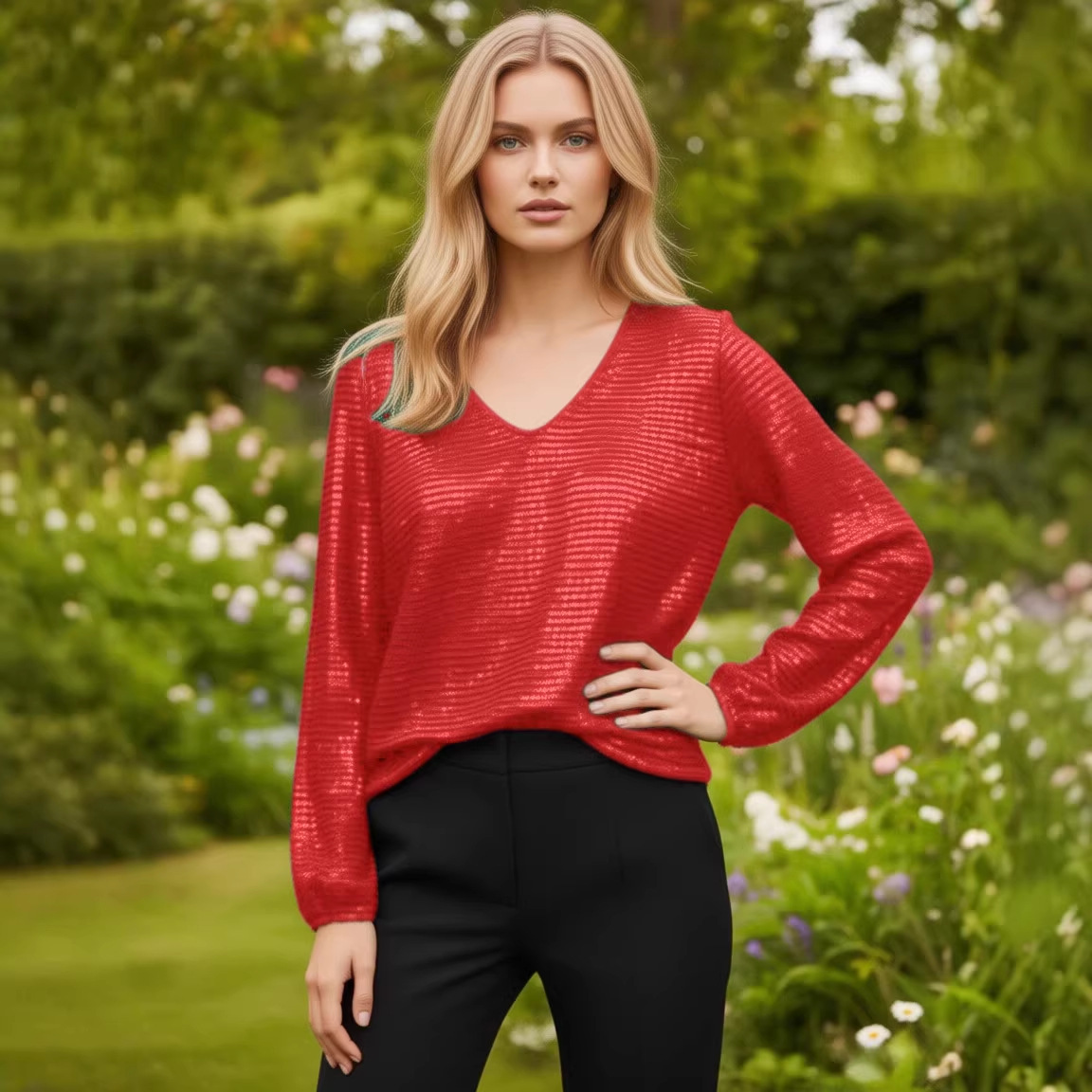 Women's Elegant Loose Fit Long Sleeve V Neck Sequin Tunic Top – Solid Color Glitter Layering Tee_voghion.com