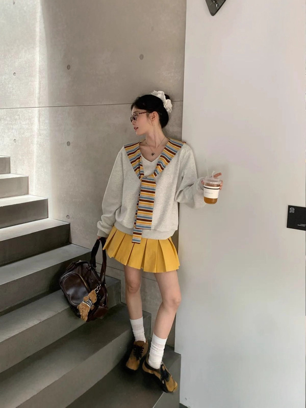 韩系V领条纹披肩假两件卫衣女秋季设计感小众宽松休闲长袖上衣ins|undefined