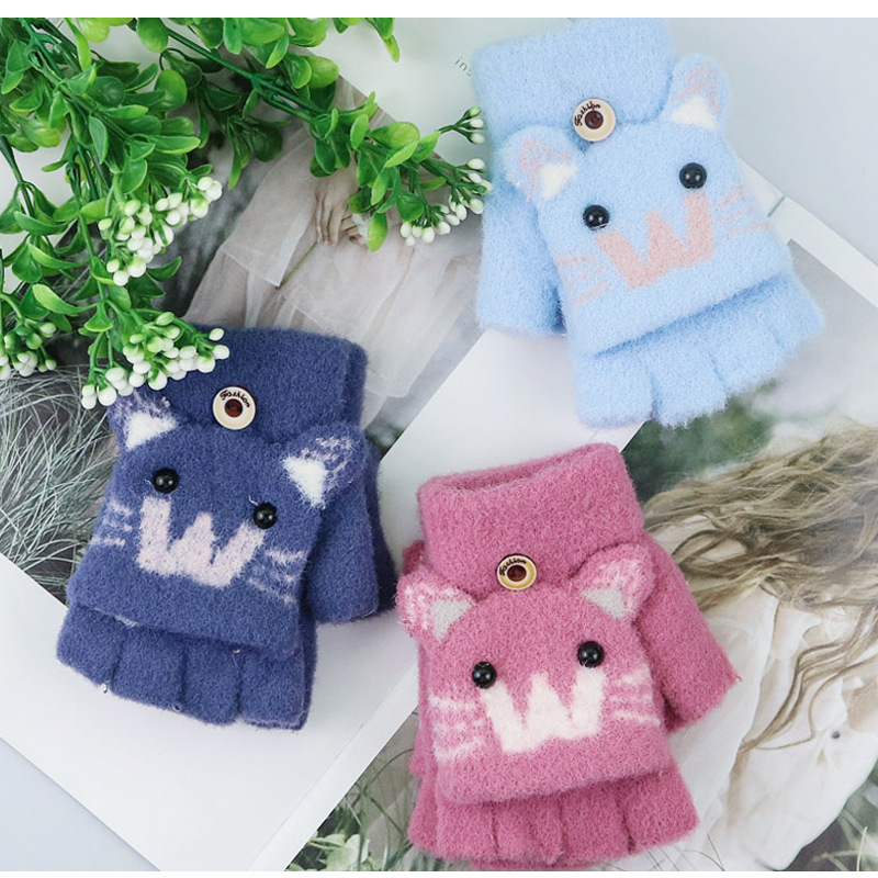 Children 's Gloves For 2-5 Years Old Winter Cute Cashmere Cat Gloves Warm Half Finger Knitted Gloves For Boys And Girls display picture 1