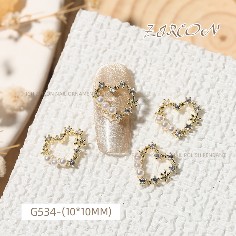 Internet Celebrity full Diamond Love circón Luz de lujo joyería de uñas perla colgante de metal en forma de corazón diamante oro plata fototerapia Decoración