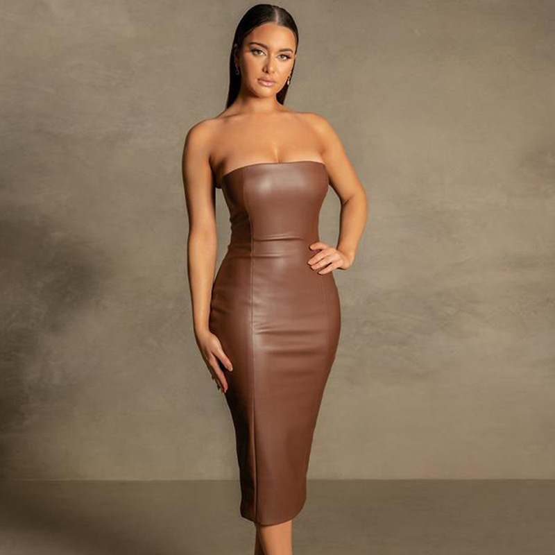 European and American Style Sexy Mid-Length Women's Dress, Solid Color, Fashionable and Elegant, Slim Fit, Strapless, Back Slit, Popular Pu Leather Dress