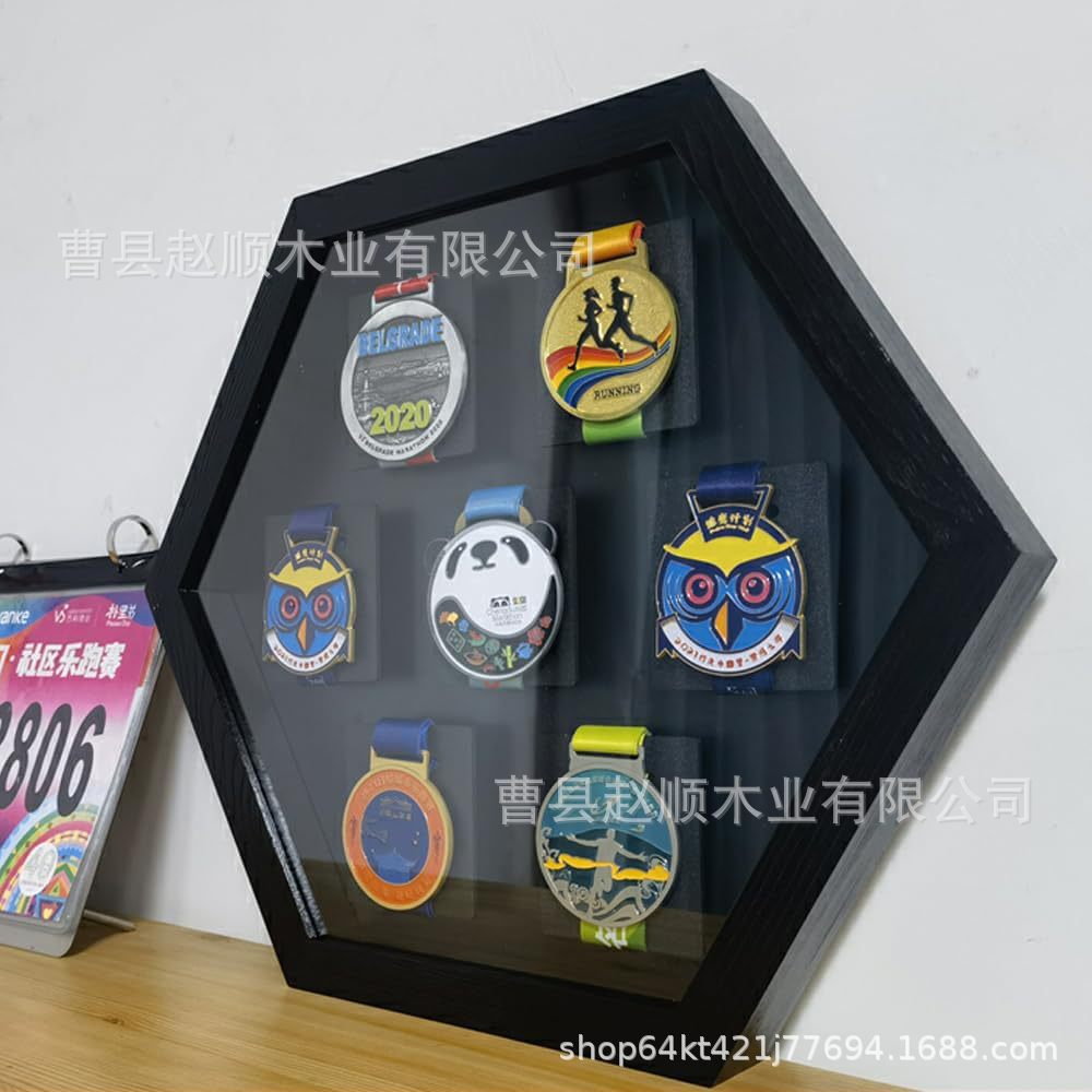 Wooden medal hanger hexagonal 7 medals display cabinet sports meeting running swimming game medal shadow box