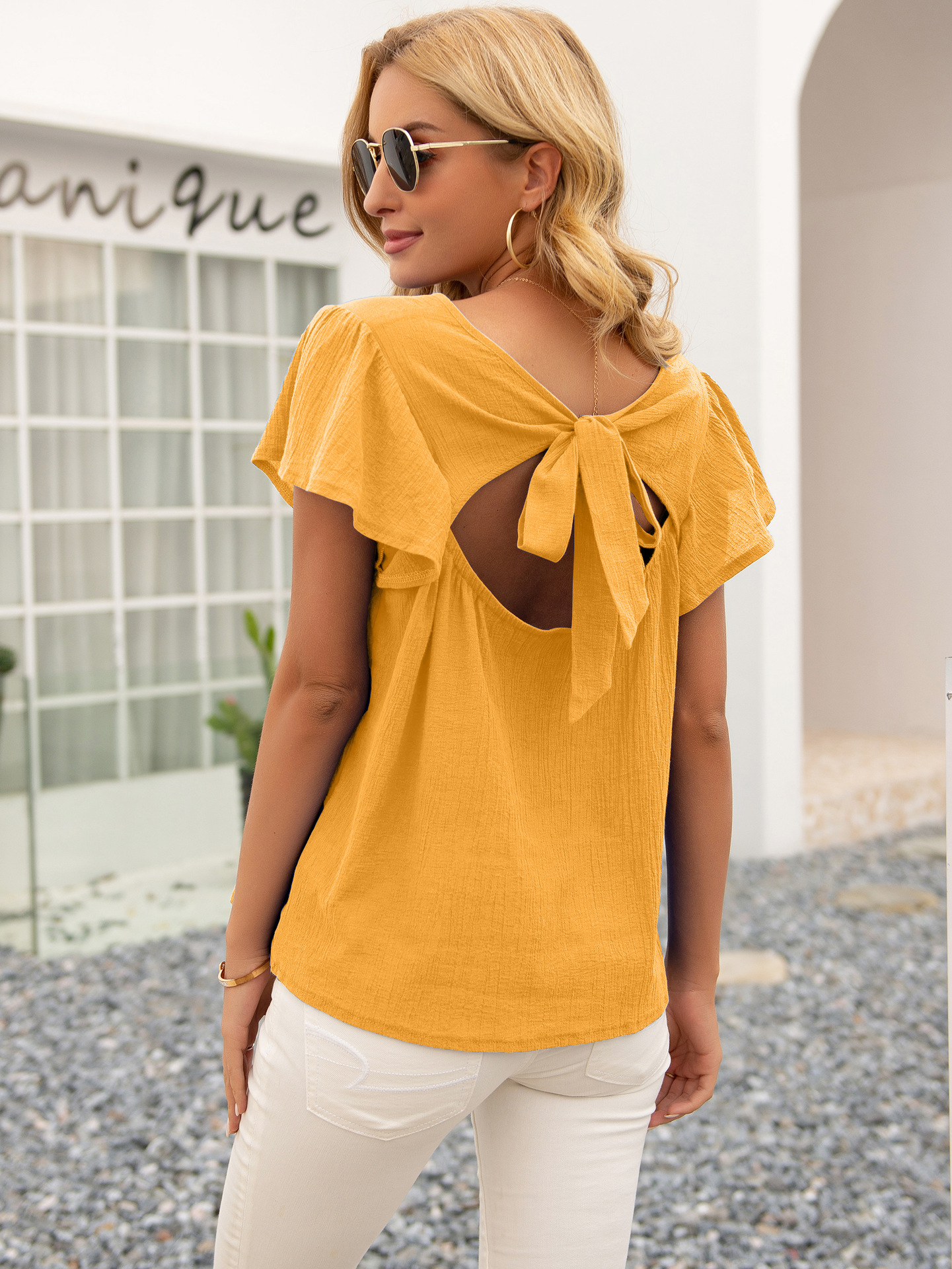 lotus leaf sleeves hollow bow backless round neck  solid color top NSYBL120665