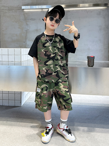 Boy's Summer Camouflage Outfit  New Children's Summer Short Sleeve Street Style Cool Trendy Medium/Large Youth Military Training Fashion