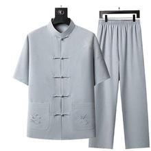 中老年唐装男士短袖套装爸爸夏装中国风冰丝爷爷夏季老人衣服薄款