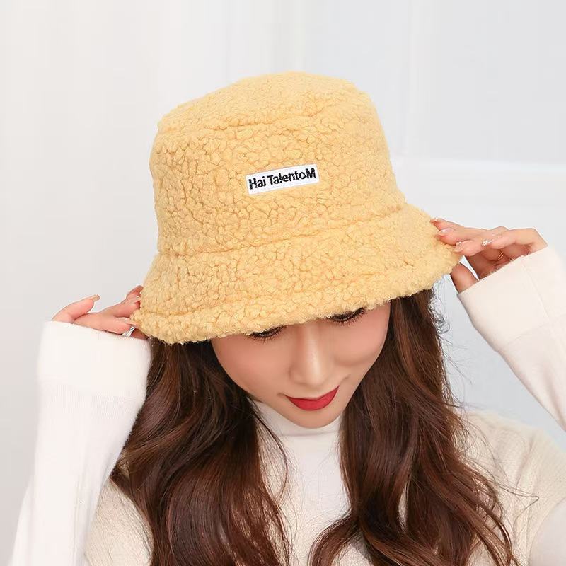 autumn and winter hat lamb wool bucket hat female japanese style all-matching new winter outdoors warm berber fleece letter basin hat