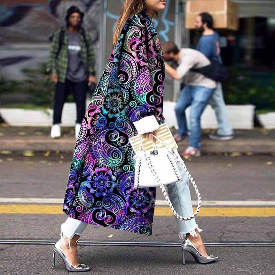 Abrigo Largo de Lana Estampado para Mujer de Tela de Lana, Engrosado, Manga Larga, para Invierno