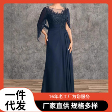 2025新款外贸速卖通优雅妈妈装派对礼服长裙雪纺蕾丝贴花婚礼