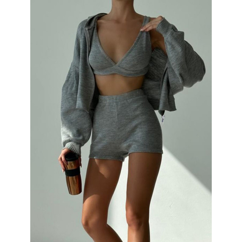 European And American Style Sports Suit Basic Solid Color Hooded Loose Zipper Jacket Small Vest + Shorts Casual_ecoleips.com