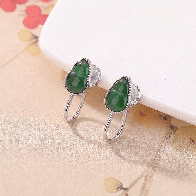 Bông tai bạc S925 mạ vàng đính đá hồ lô phong cách cổ điển, kẹp không xỏ lỗ — Loại bạc