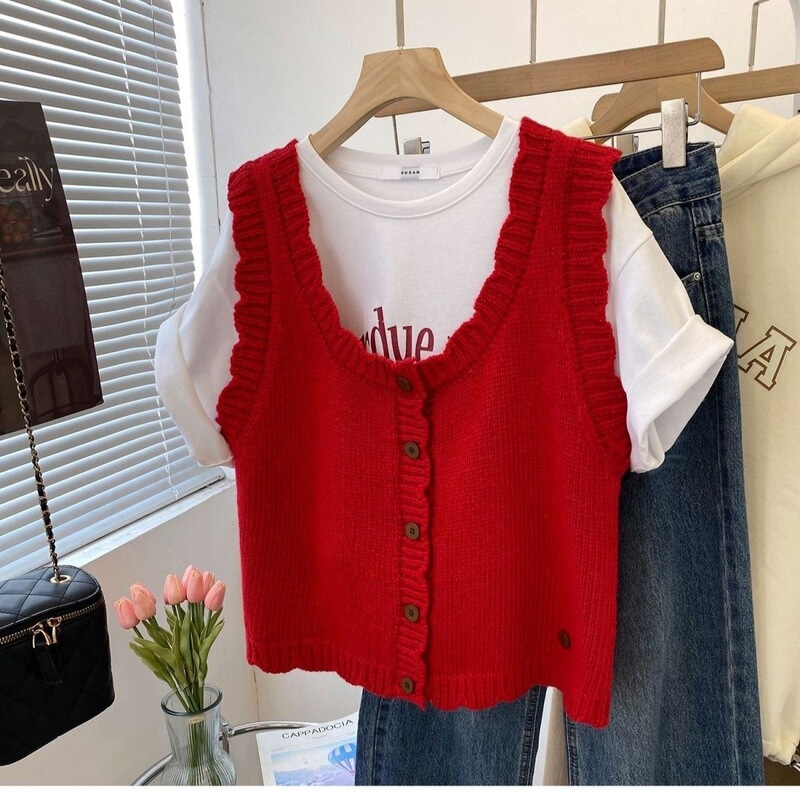 Elegant knitted lace patchwork layered outerwear stylish vest solid color ruffled strap knitted cardigan for women