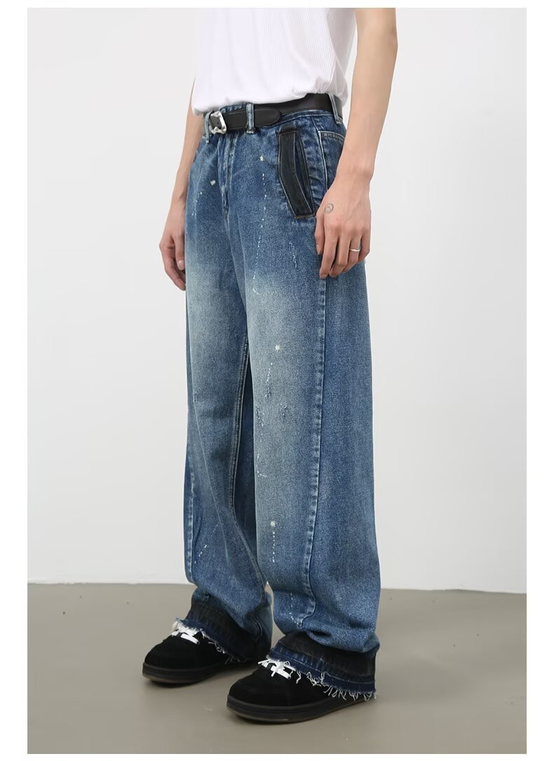Men's Oversized Relaxed Fit Jeans Streetwear Splatter Wash Vintage Blue Paint Effect Denim (XS-3XL)_mkmklike.com