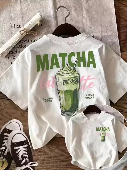 【Cross-Border European Size】Matcha Latte Retro Iced Coffee Graphic T-Shirt for Coffee Enthusiasts Aesthetic Print Wide