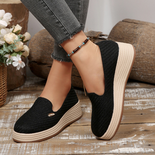 New Autumn Fabric Thick Sole One-Piece Slope Block Loafers for Women, Large Size, 43