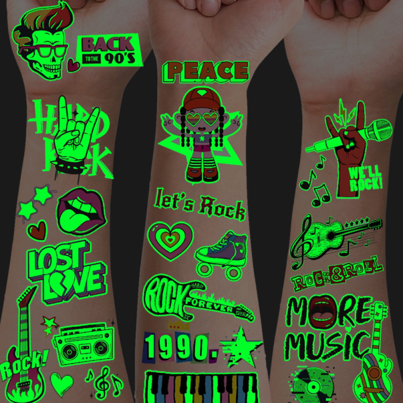 2024 New Tattoo Sticker Luminous Rock Music Guitar Boys and Girls Waterproof Luminous Temporary Face Sticker Cross-border