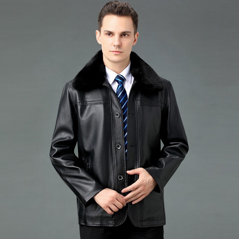 Winter New Men's Leather Jacket for Middle-Aged and Elderly Men Casual Lapel Goatskin Lamb Fur All-In-One Cold-Proof Jacket