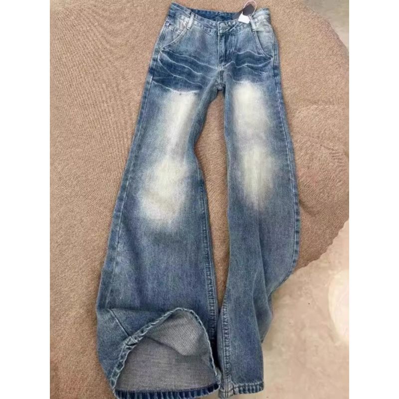 Blue Lightning Pattern Micro-Flared Scimitar Jeans Men's Washed Slim Straight Pants American High Street Vibe Pants Blue Lightning Pattern Micro-Flared Scimitar Jeans Men's Washed Slim Straight Pants American High Street Vibe Pants