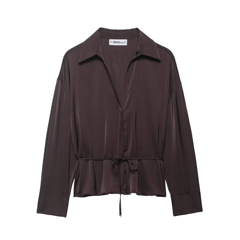 Satin waist-cinching women's shirt with a turn-down collar, V-neck, drawstring waist tie, loose fit, long sleeves, and a stylish, elegant design for commuting Satin waist-cinching women's shirt with a turn-down collar, V-neck, drawstring waist tie, loose fit, long sleeves, and a stylish, elegant design for commuting