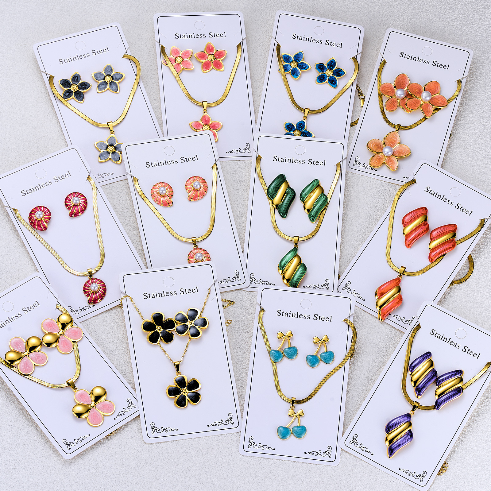Cross-border bestseller oil-drip stainless steel earring and necklace set, geometric niche design, high-end earrings jewelry set