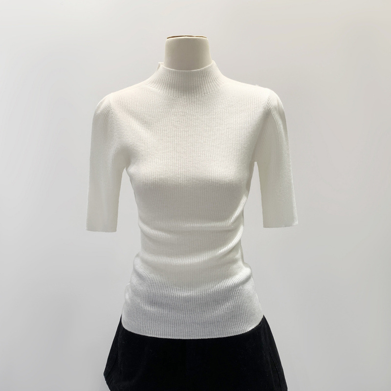 In-Stock Pink Half-Turtleneck Wool Knit Base Shirt for Women, Autumn Commuter New Slim-Fit Five-Sleeve Top