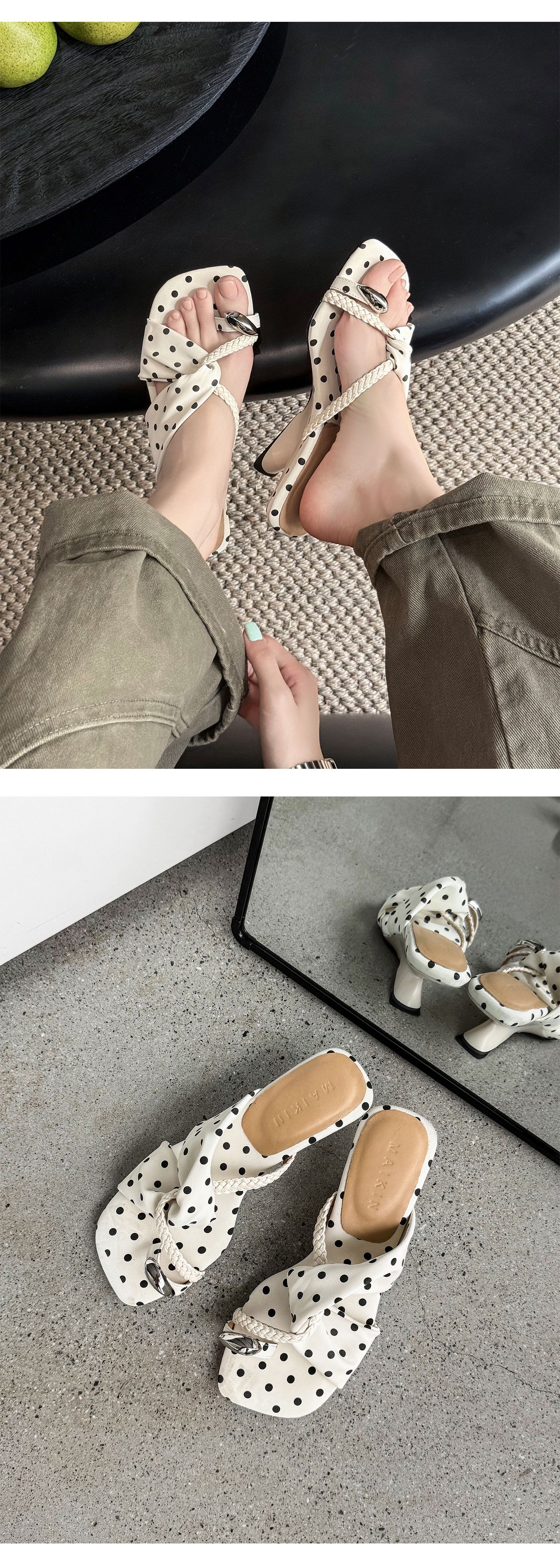 Dép sandal nữ xỏ ngón đế bệt mũi vuông, quai chữ T da thật đan chéo, phong cách thanh lịch — Chấm bi trắng, màu nâu, màu trắng ngà chi tiết 8