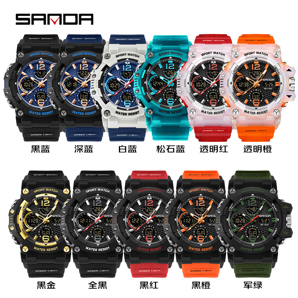 SANDA nuevo reloj de pulsera juvenil transparente al aire libre cool doble reloj de pantalla hombre impermeable luz nocturna reloj electrónico