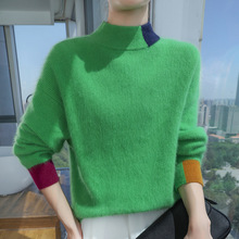 貂绒衫2024秋冬新款女半高领短款宽松加厚拼色羊绒针织衫打底毛衣