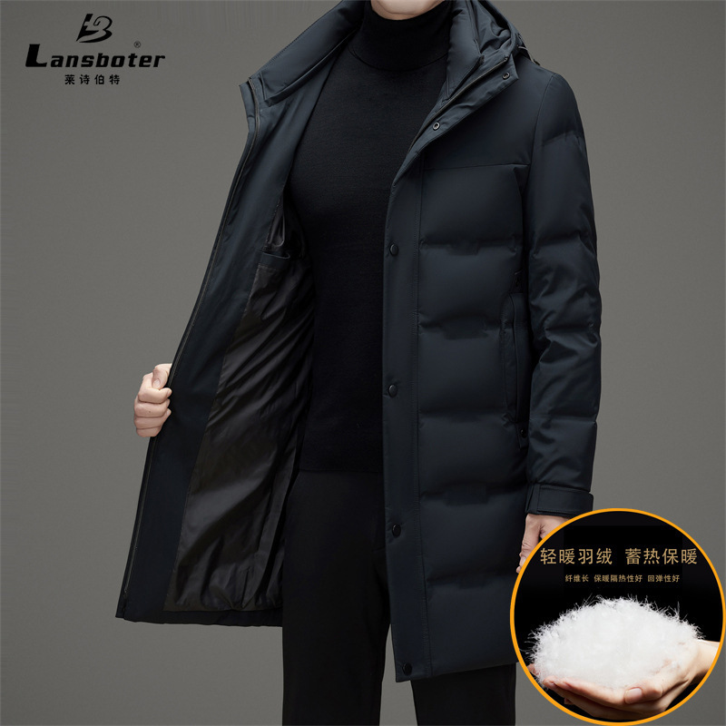 Winter New Nylon Elastic Thickened Hooded Long down Jacket for Middle-Aged Men, 80% Duck Down, Cold-Proof down Coat