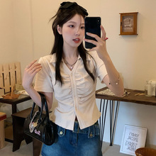 【现货】polo领短袖t恤女装设计感小众2023新款胖mm不规则短款上