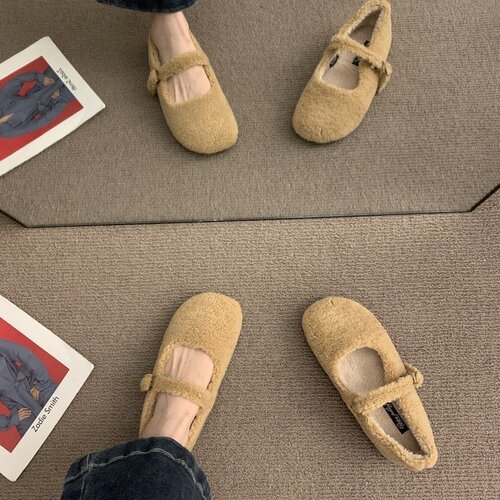 Retro Forest System Plush Velvet Single Strap Women's Autumn/Winter New French Slip-On Mary Jane Shoes Lamb Wool Shoes
