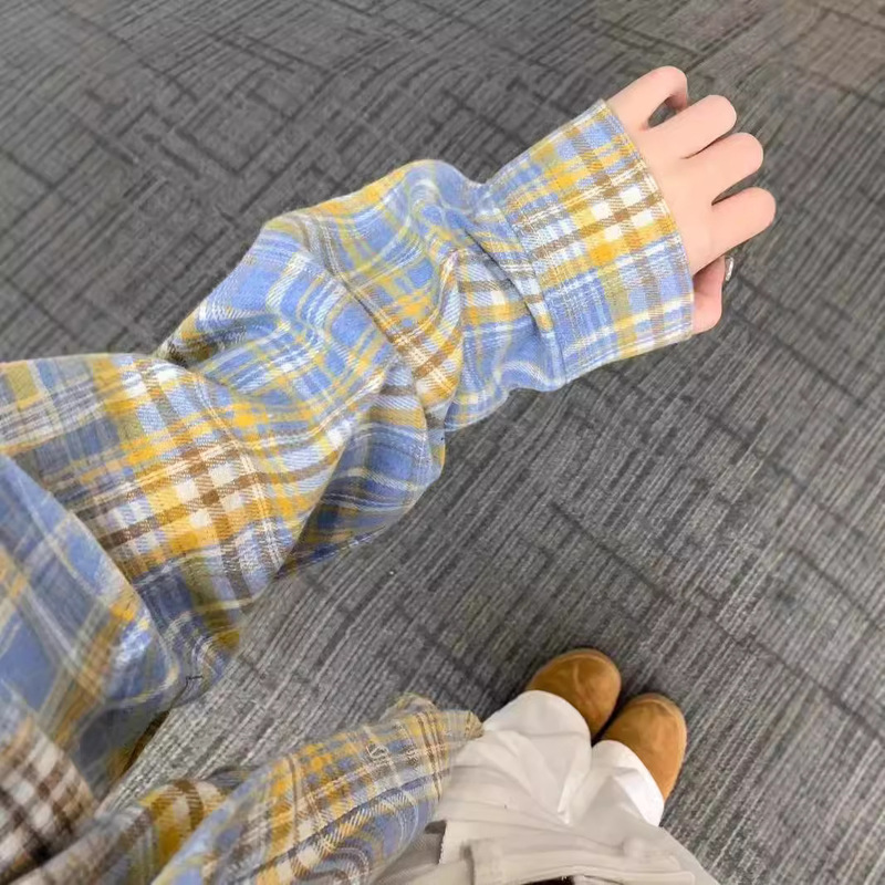 Hong Kong Style Vintage Plaid Shirt Women's Spring and Autumn New Loose Casual Slimming Lazy Style Long Sleeve Shirt Outer Top Hong Kong Style Vintage Plaid Shirt Women's Spring and Autumn New Loose Casual Slimming Lazy Style Long Sleeve Shirt Outer Top
