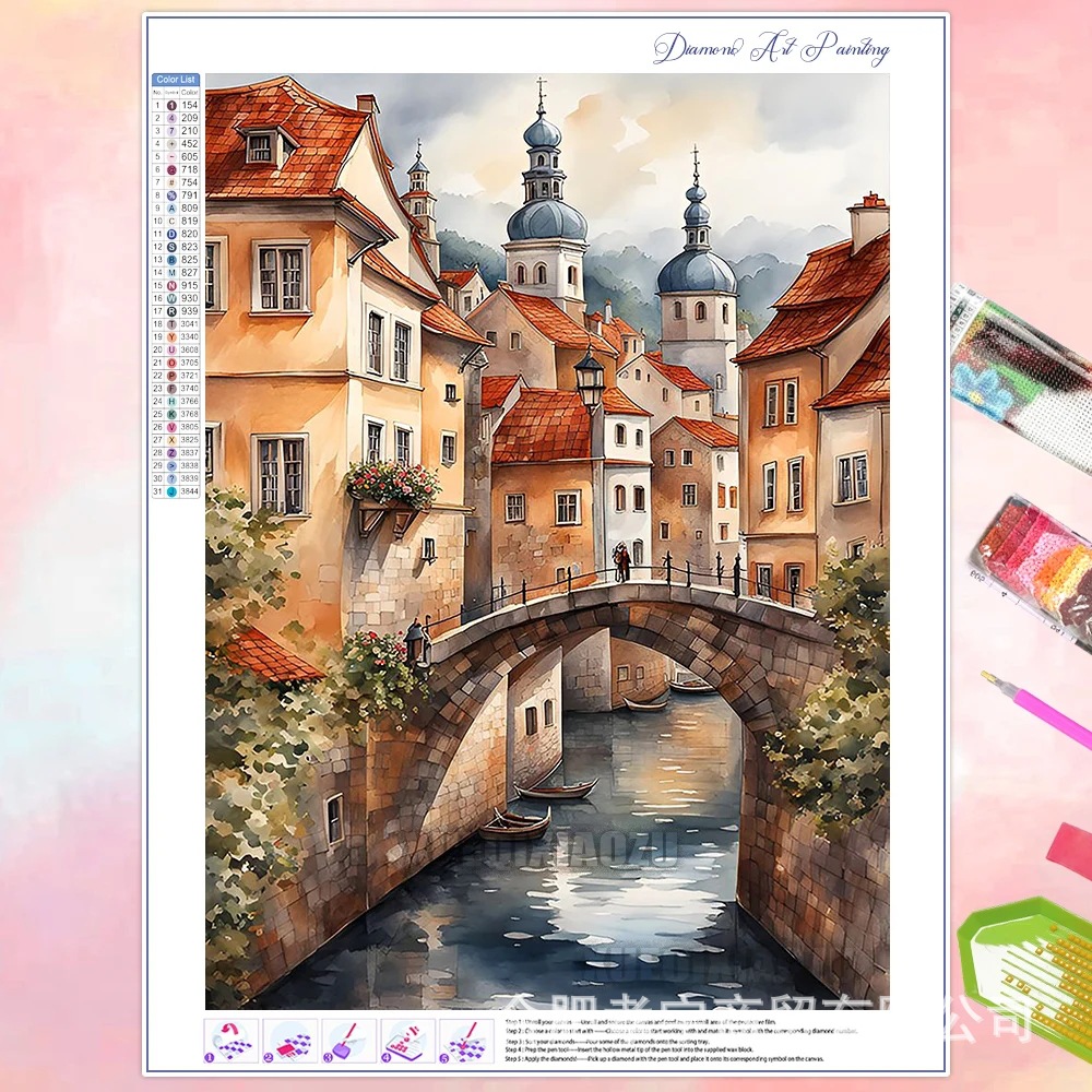 Venta caliente transfronteriza dibujos animados ciudad de bricolaje casa paisaje lleno de diamantes sala de estar dormitorio decoración pegatinas fabricante de pintura de diamantes