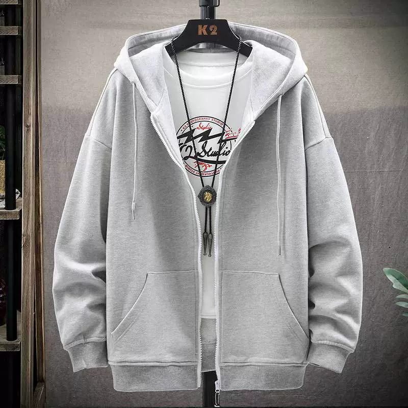连帽开衫卫衣纯色男士港风春秋季夹克新款潮牌简约百搭上衣服外套