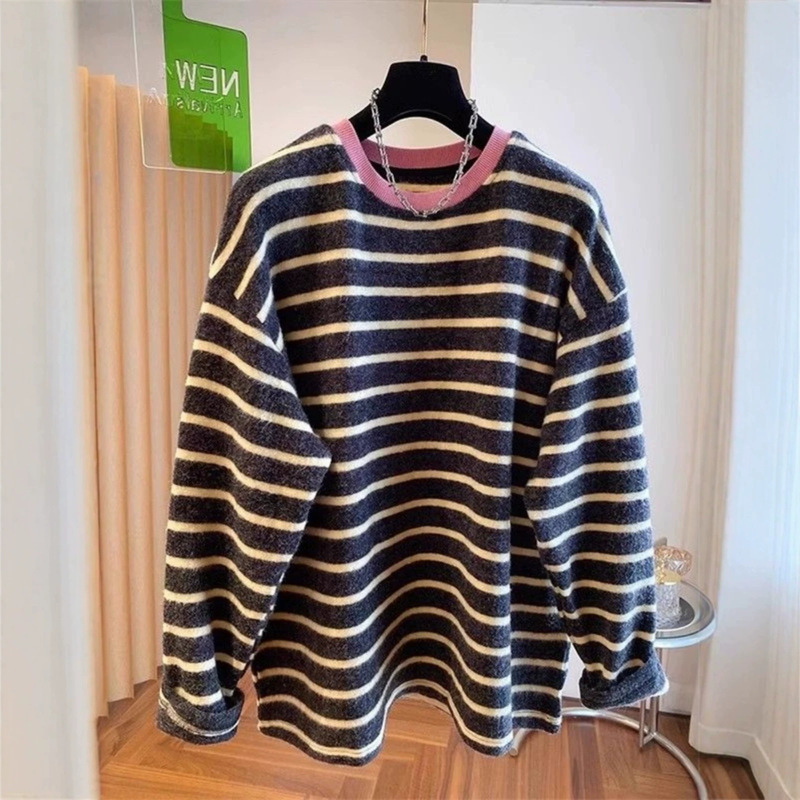 Casual Long-Sleeve Striped T-Shirt for Women, Winter Vintage Loose-Fit Casual Thickened Base Layer Top Casual Long-Sleeve Striped T-Shirt for Women, Winter Vintage Loose-Fit Casual Thickened Base Layer Top
