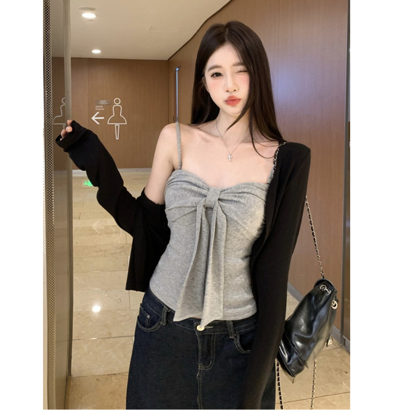 MR【随心裁】纯欲辣妹风蝴蝶结吊带背心女秋季长袖防晒开衫两件套|undefined
