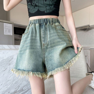 Plus-Size Vintage Frayed Denim Shorts for Women, A-Line Wide-Leg Loose High-Waisted Summer Thin Style, Extra Large Size 100kg