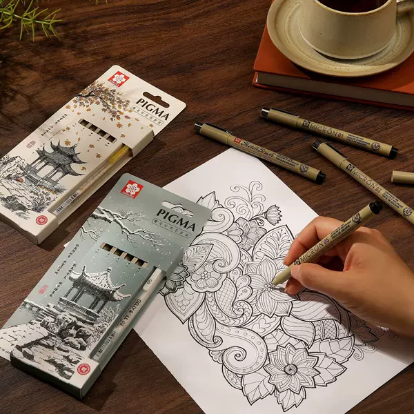 Sakura Winter Style Hook Line Pen Needle Pen Waterproof Pen Not Easy to Smudge 5 Needle Pens + 1 Highlight Pen Set