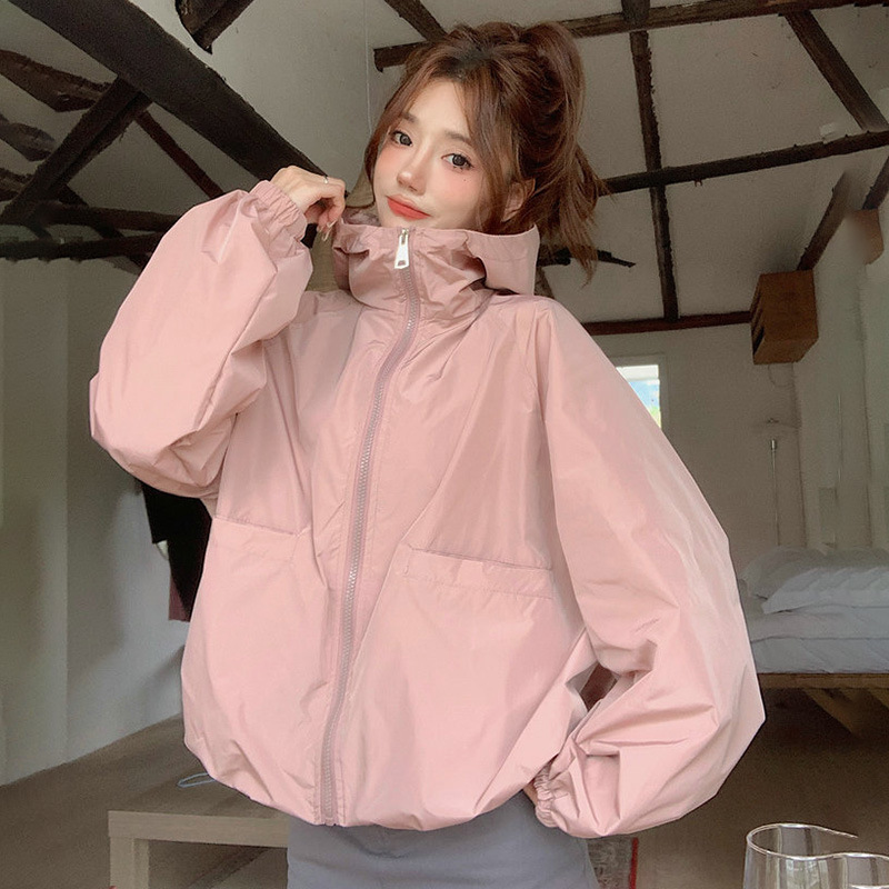 Hooded Short Sports Jacket for Women, Casual Loose Solid Color Zipper Jacket, Spring and Summer New Versatile Sun Protection Clothing