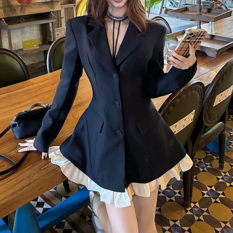 Ruffled Splicing Black Suit Dress for Women 2025 Spring & Fall New Style Fashionable Slimming Look Waist Short Skirt