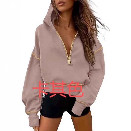 2025亚马逊新款女士连帽运动衫长袖半拉链短款卫衣女时尚休闲秋冬