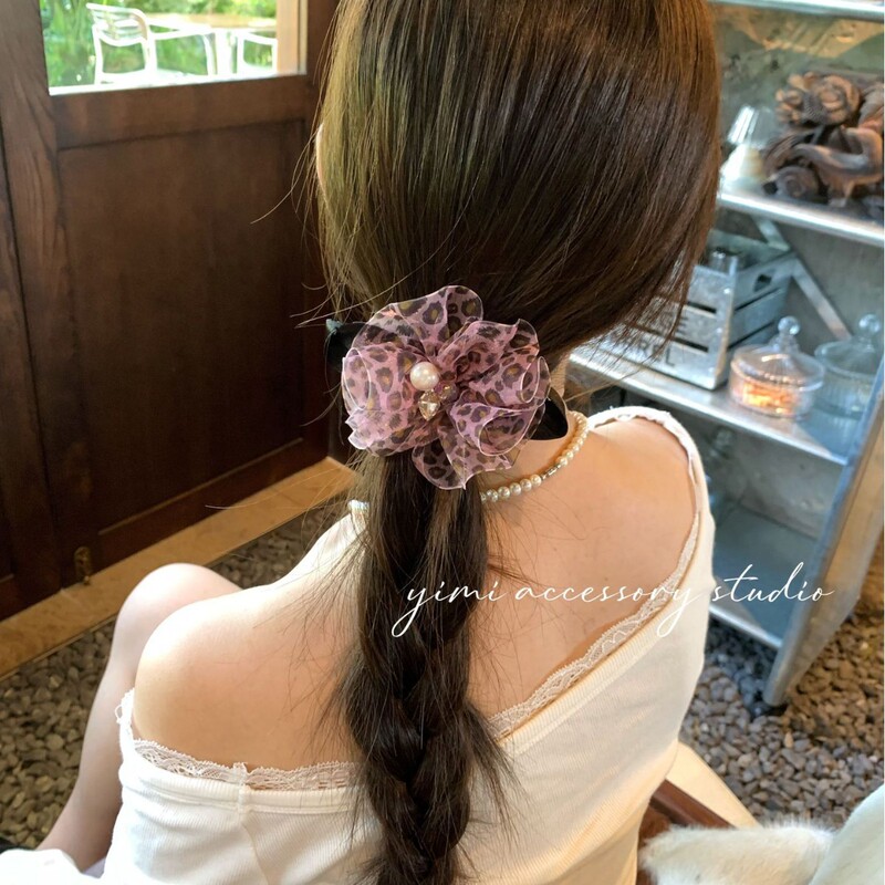 韩版新款豹纹欧根纱褶皱花朵蝴蝶结发夹弹簧夹高级感水钻发饰发夹|undefined