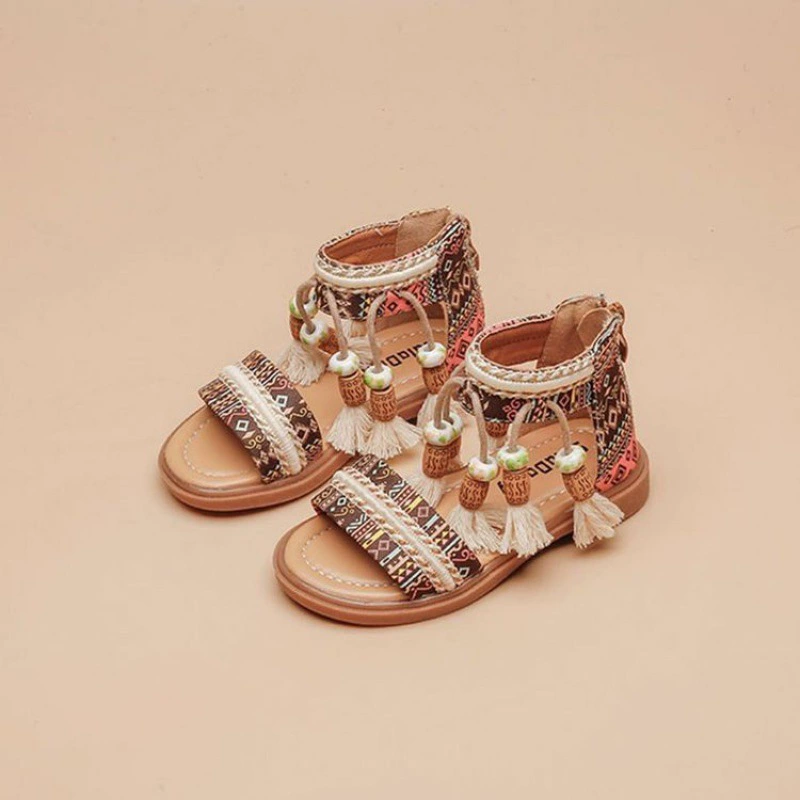 Детские римские сандалии Летний новый стиль для девочек этнический стиль ретро пляжная обувь мягкая подошва детская обувь для девочек студенческая обувь