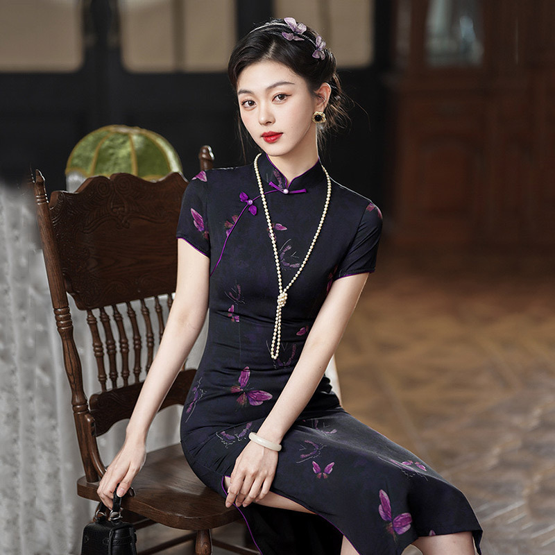 中長款中式改良旗袍2025新款年輕款女復古短袖平時可穿連衣裙夏季